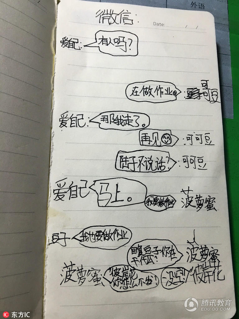 记者看到，这些手绘的微信聊天内容十分简单，大多是“自言自语”或“自问自答”，还不时幽默一下，虽然不时冒出网络用语，但字里行间满是稚气和童趣。不过，孩子的母亲告诉记者，孩子同学中这样“聊天”的学生有不少，作为小学三年级的学生，用这种方式手绘微信聊天，的确有让人深思之处。