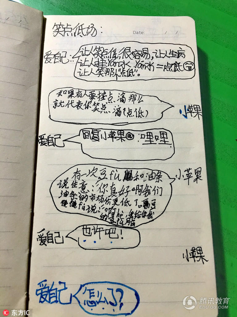 “多么渴望玩手机微信啊！”“能够和同学在本子聊天这么欢，而且一人饰多重角色，蛮拼的！”“没条件聊微信，居然创造条件自己聊，创意啊！”“我们从小时候玩沙包、捉迷藏、老鹰捉小鸡，现在的孩子都升级了！”“这都是手机惹的祸，不是什么好事！”“现在的孩子其实很孤独，可怜的！”……大家众说纷纭。