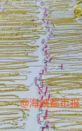 　　9月20日上午7时，长乐江田三溪村，“金宝俤”金银店刚开店门，店主将一箱装着满满黄金首饰的木箱摆放在经营台上，转身倒水的功夫，一名头戴摩托头盔男子突然冲入，抱走木箱后骑车而逃。店主称，男子盗走的黄金首饰重5000多克，价值近200万元。图为被盗的金饰。